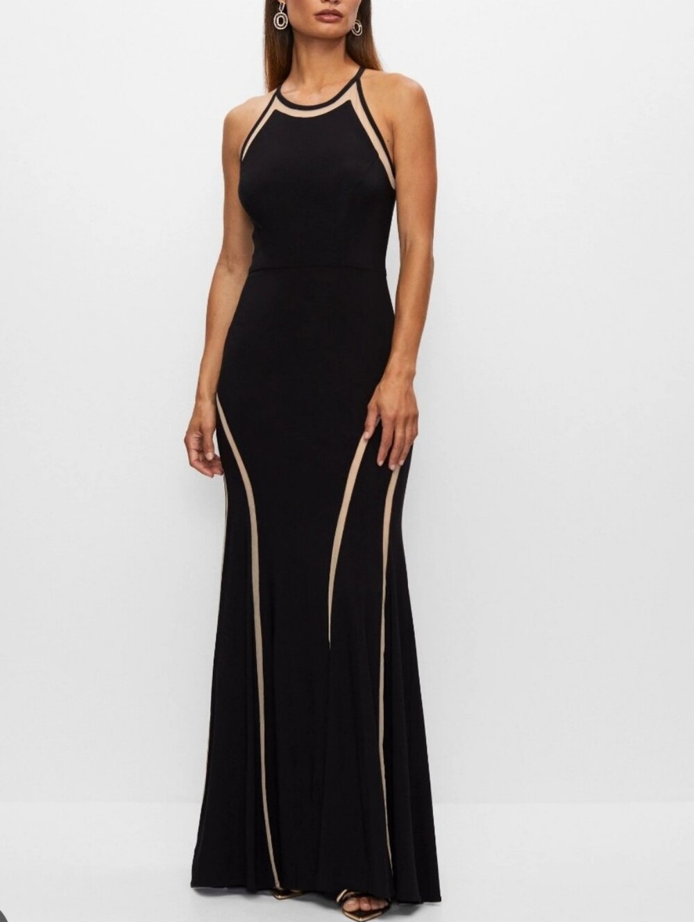 BA Nites Black Nude Mesh Illusion Maxi Evening Gown Size 10